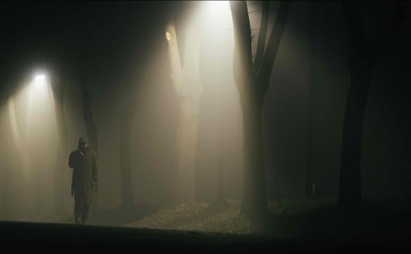 A lone figure stands under street lights next to trees, calling to mind the preferential option for the poor in the case of the spiritual poor.