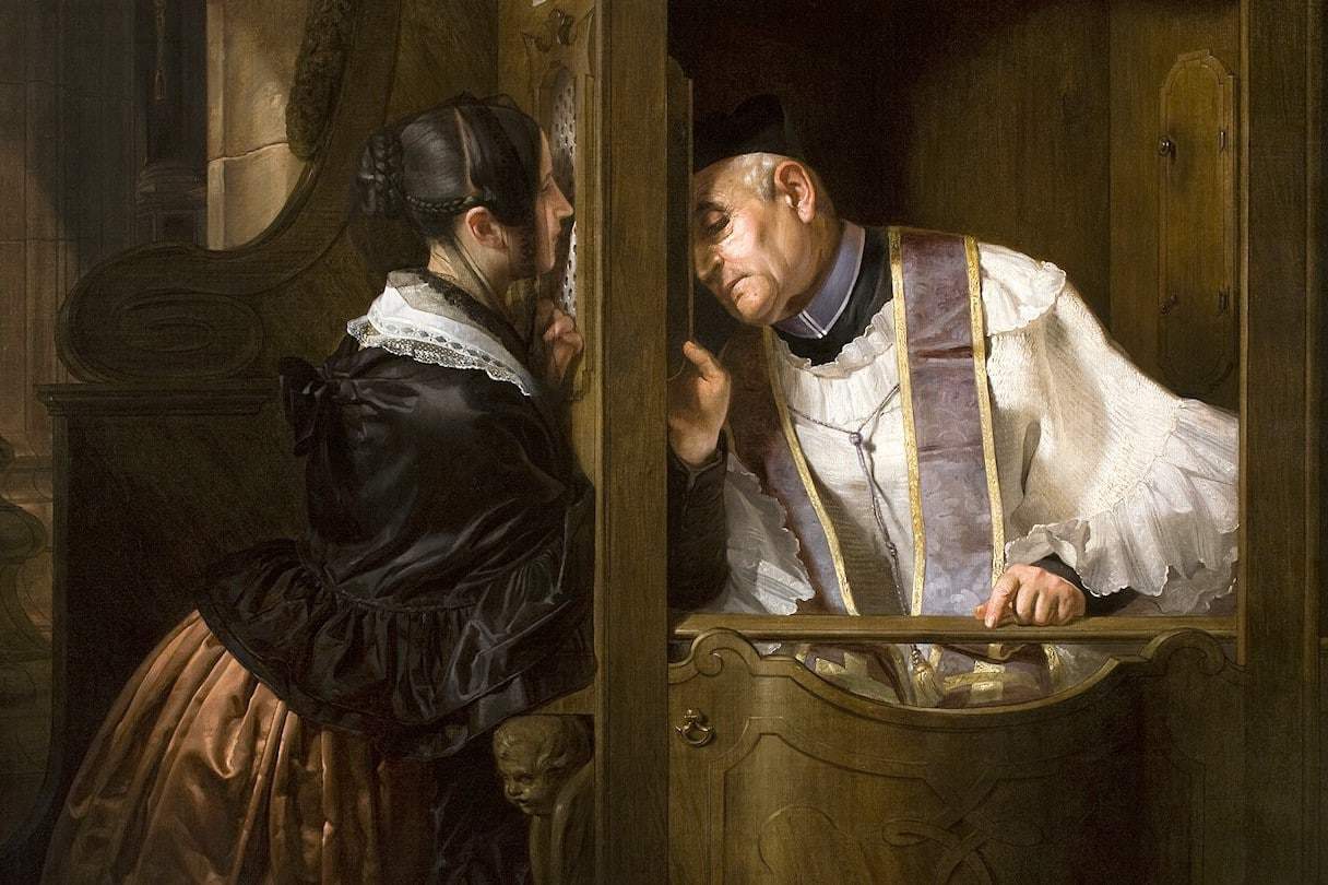 A painting of a woman confessing to a priest symbolizes the courage that will be necessary to preserve the human environment
