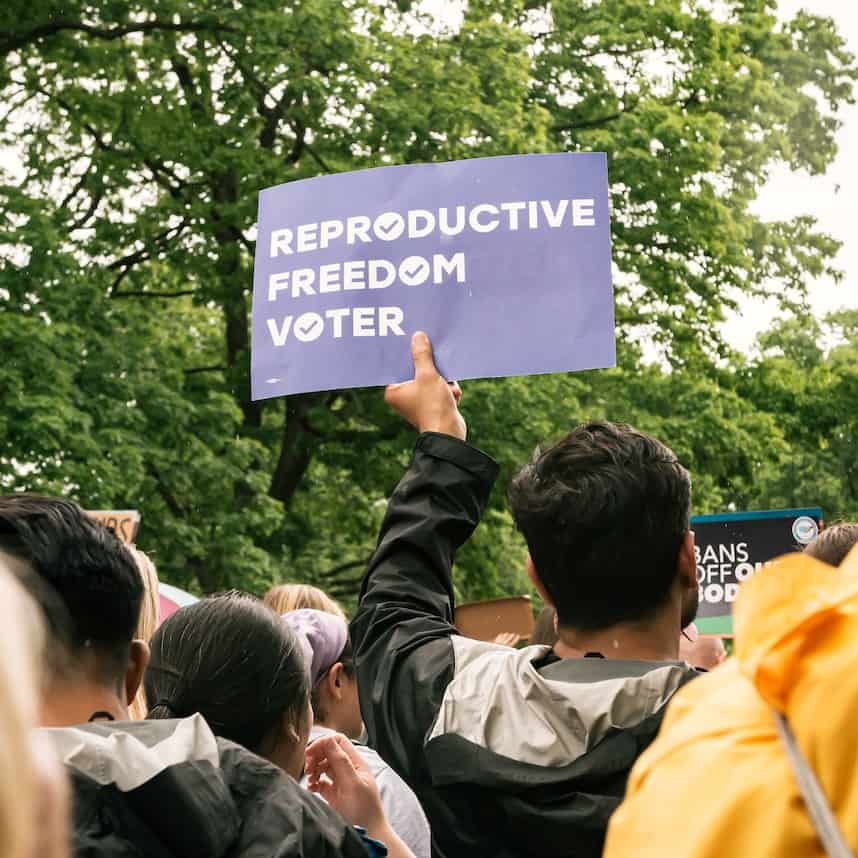 Pro-choice protesters rally and march to urge government to maintain and expand abortion access