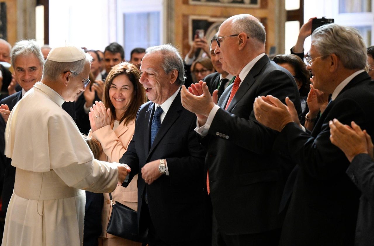Pope Leo XIV greets members of the Centesimus Annus Pro Pontifice Foundation at the annual conference in the Vatican